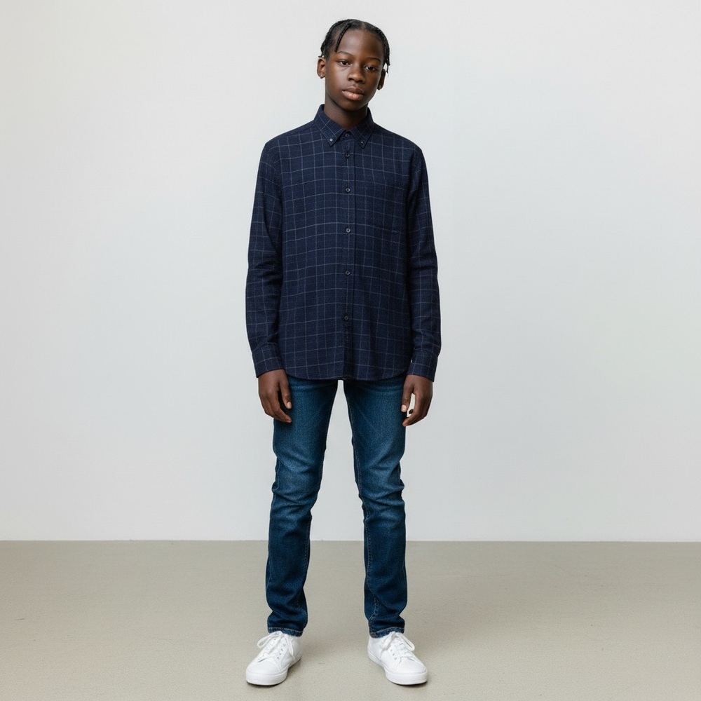 Vince Boy's Windowpane Plaid‎ Long Sleeve Shirt Midnight Navy Blue Cotton Large